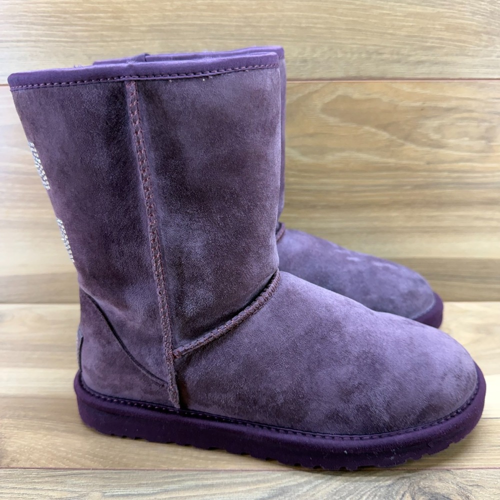 UGG Classic Short Crystal Bow Boots Womens 6 Purple Suede Bling Sherpa Fur Lined